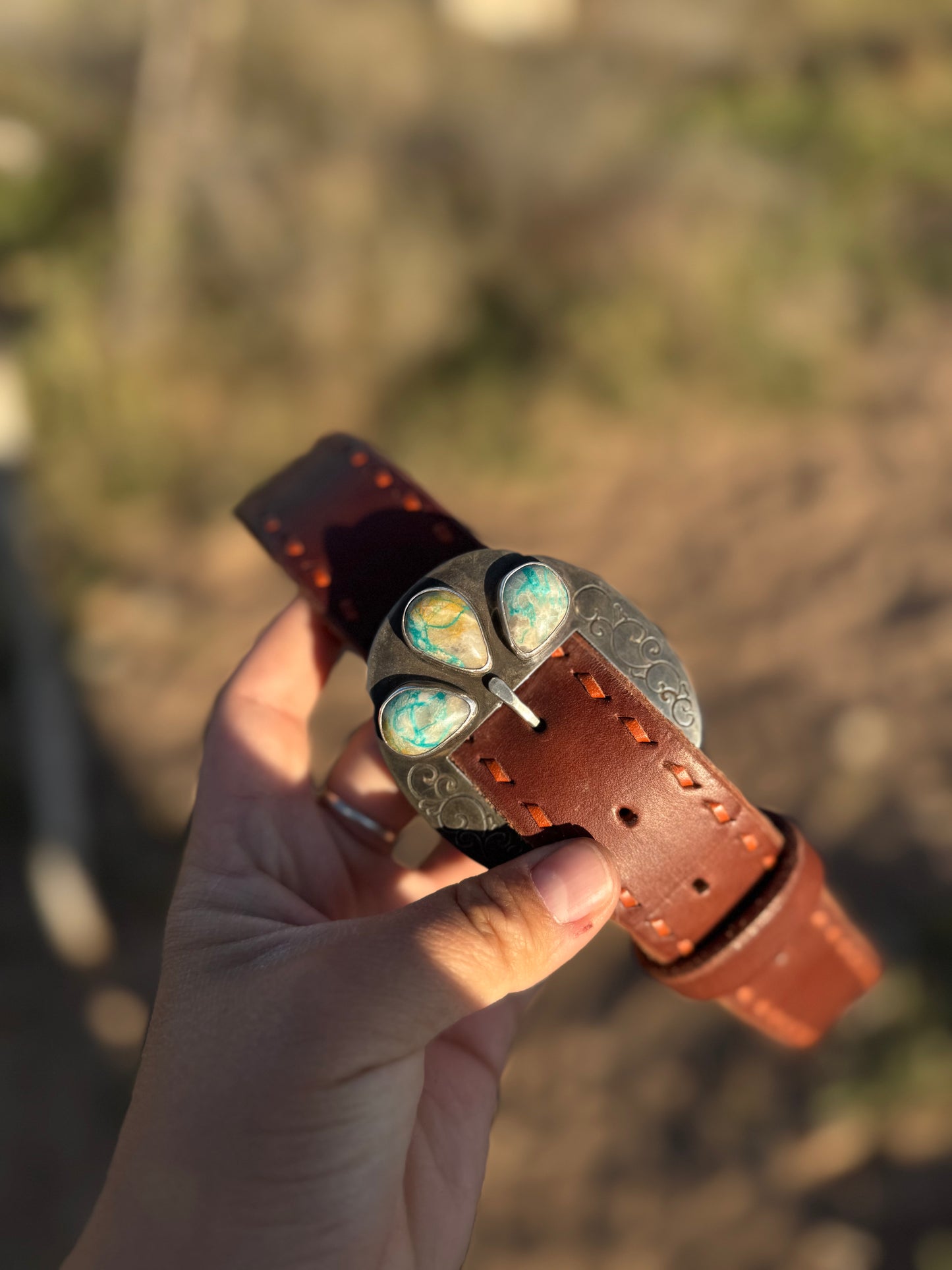 + Engraved 3 Stone Buckle + Buckstitched Belt +